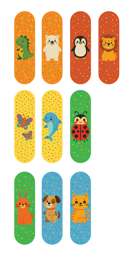 Set of colorful bandages with animal illustrations on a white background