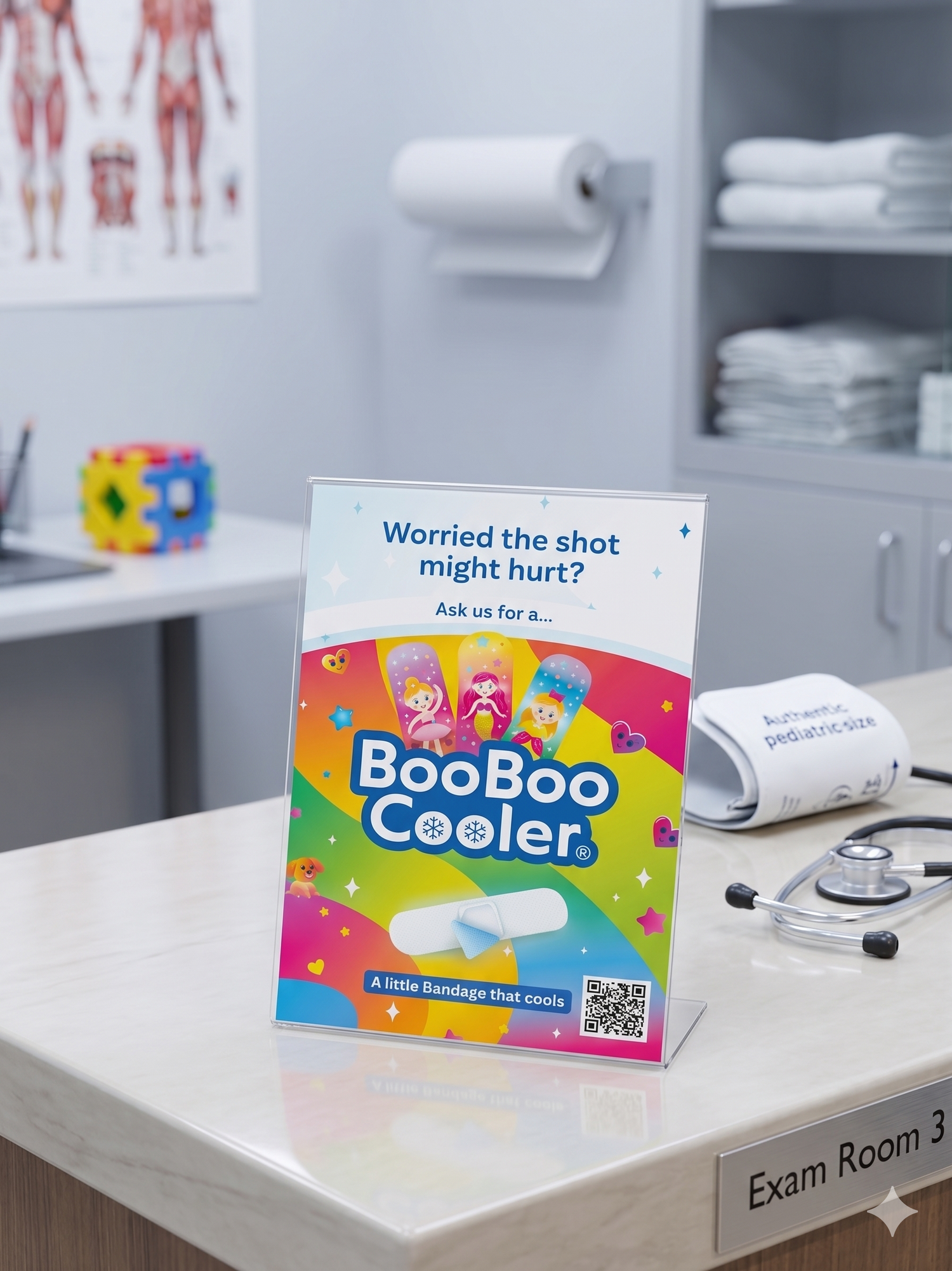 A medical setting counter displays BooBoo Cooler packaging with a QR code for educational resources.
