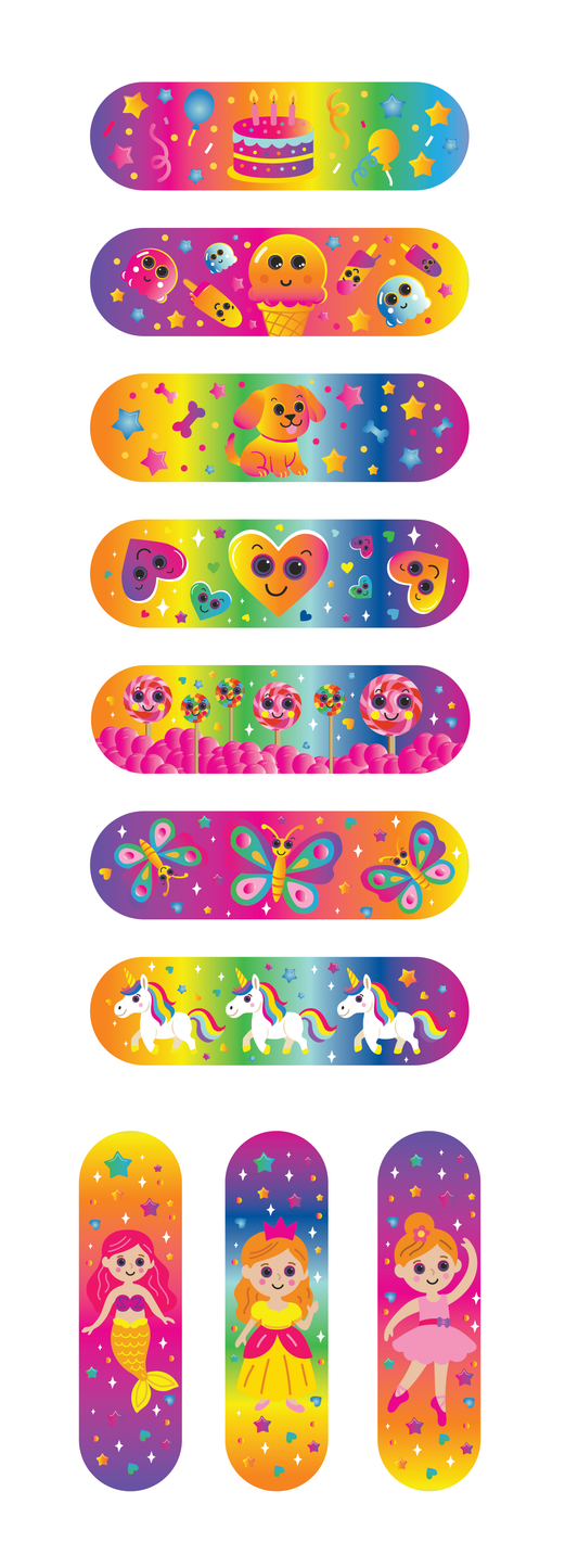 Colorful bandages with various designs including unicorns, mermaids, and cartoon characters on a white background.