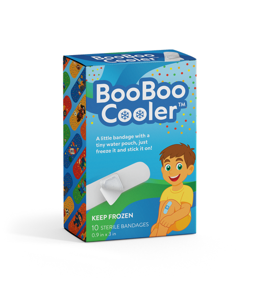The BooBoo Cooler packaging features a blue and white wave background with a cartoon character of a young boy on the box applying bandage on knee