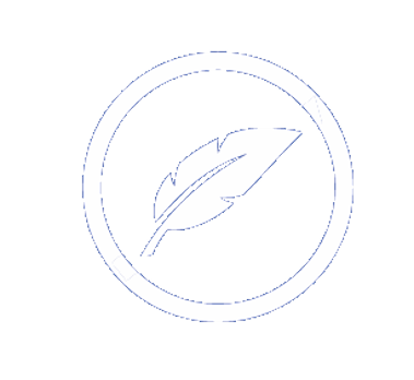 Circular logo with a feather design on a white background