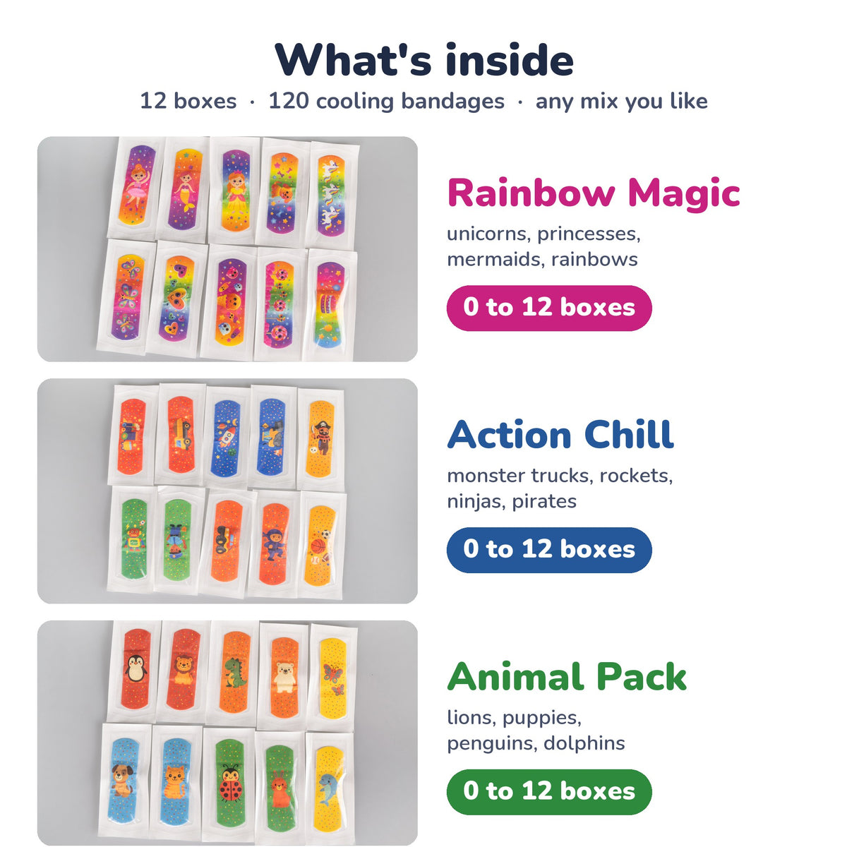 What's inside the BooBoo Cooler 12-Pack: 12 boxes, 120 cooling bandages, any mix of Rainbow Magic, Action Chill and Animal Pack