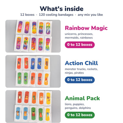 What's inside the BooBoo Cooler 12-Pack: 12 boxes, 120 cooling bandages, any mix of Rainbow Magic, Action Chill and Animal Pack