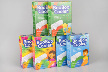 Six BooBoo Cooler boxes stacked: two of each design