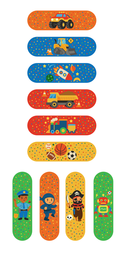 Colorful bandages with action and sports themed colorful designs. 