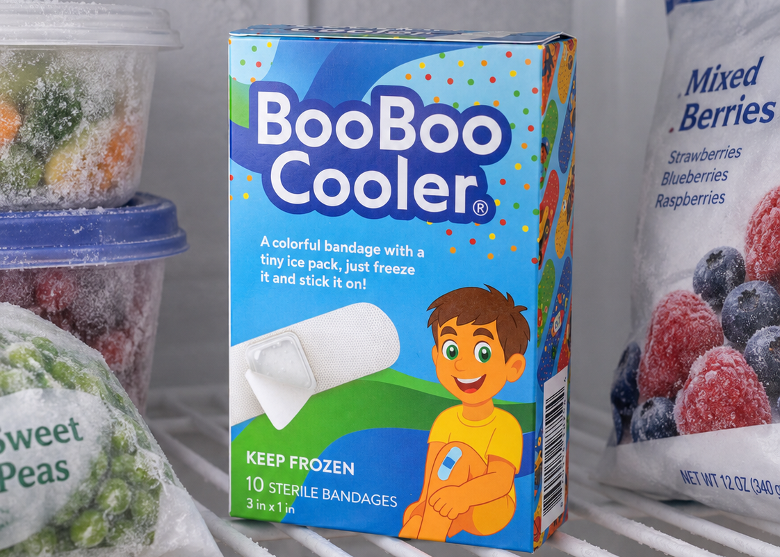 BooBoo Cooler cooling bandage with ice pack applied to a child